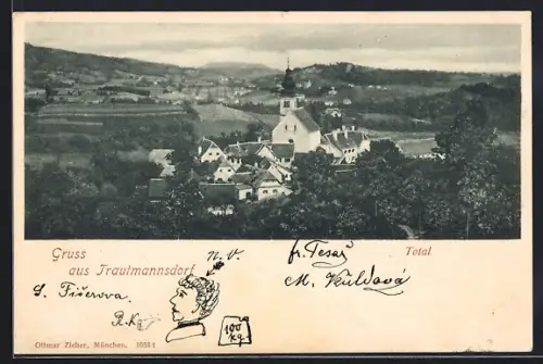 AK Trautmannsdorf in Oststeiermark, Totalansicht mit Kirche