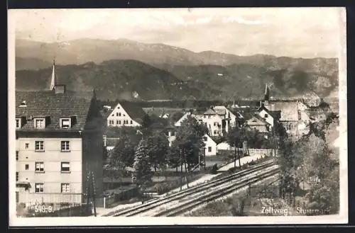 AK Zeltweg, Ortsansicht mit Alpenpanorama