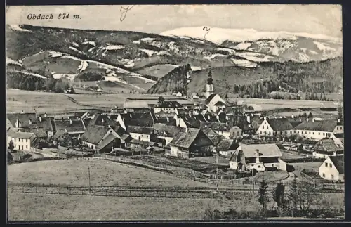 AK Obdach, Ortspanorama mit Gebirge