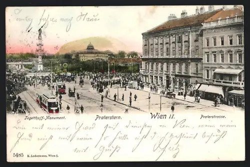 AK Wien, Praterstern mit Praterstrasse, Tegetthoff-Monument und Strassenbahn