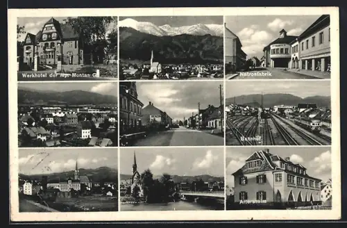 AK Zeltweg, Bahnhof, Natronfabrik, Altersheim, Werkhotel der Alp. Montan Ges., Strassenpartien