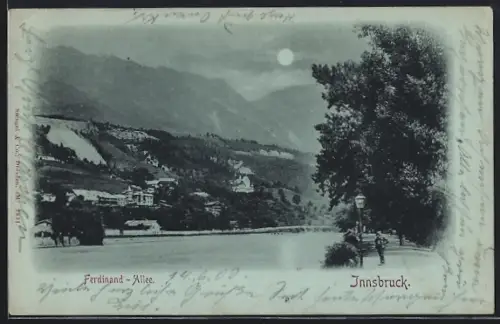 Mondschein-AK Innsbruck, Ferdinand-Allee mit Bergen