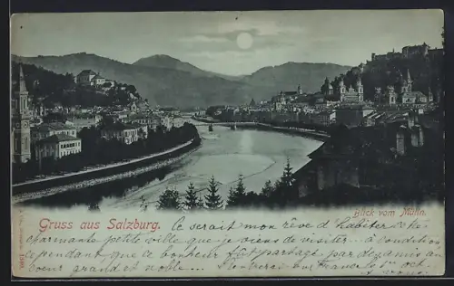 Mondschein-AK Salzburg, Blick vom Mülln auf den Ort