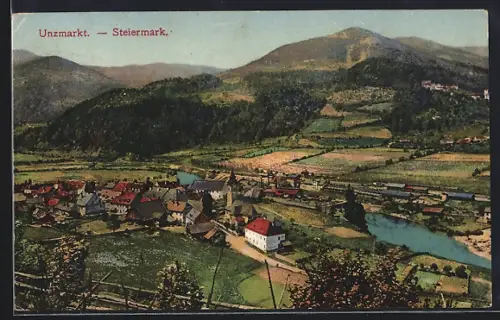 AK Unzmarkt, Ortsansicht und bewaldete Hügel