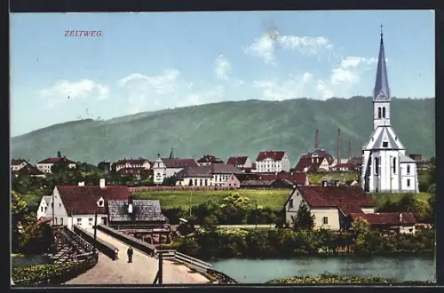 AK Zeltweg, Ortspartie mit Brücke und Kirche