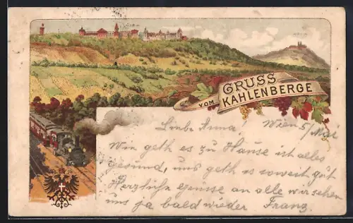 Lithographie Wien, Gruss vom Kahlenberg, Panorama mit Bergbahn