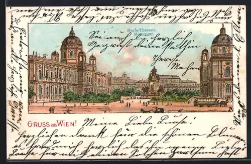 Lithographie Wien, Maria-Theresia-Monument mit Pferdebahn