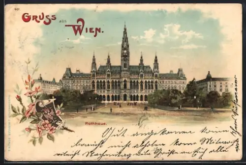 Lithographie Wien, Rathaus mit Passanten