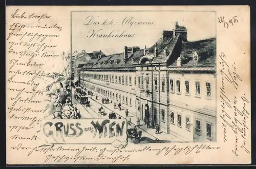 Künstler-AK Wien, K. K. Allgemeines Krankenhaus mit Strassenbahn