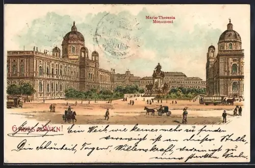 Lithographie Wien, Maria Theresien Platz mit dem Monument, Ortsansicht mit Pferdebahn u. Droschken