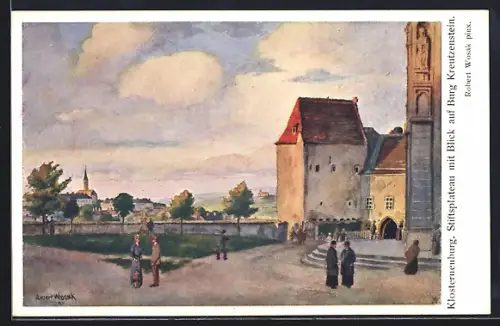 AK Klosterneuburg, Stiftsplateau mit Blick auf Burg Kreutzenstein