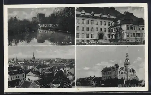 AK Laa a. d. Thaya, Ortspartien vom Realgymnasium und Nordseite der Burg