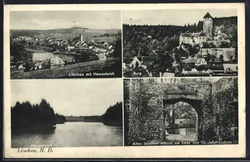 AK Litschau /N.-D., Teilansicht mit Herrenteich, Burg, Altes Stadttor erbaut um Ende des 15. Jahrhunderts