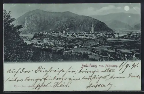 Mondschein-AK Judenburg, Ortsansicht vom Falkenberg