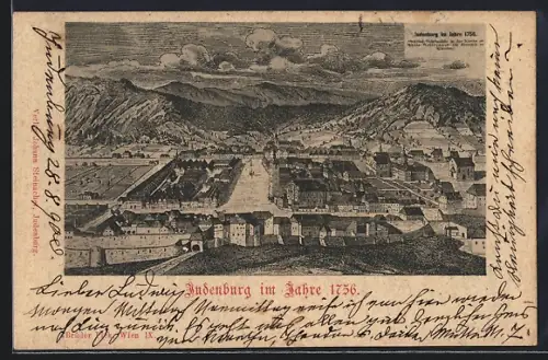 Künstler-AK Judenburg, Gesamtansicht vom Ort im Jahr 1756