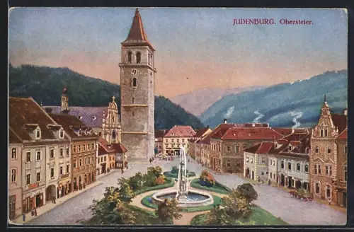 AK Judenburg, Ortspartie mit Kirche aus der Vogelschau