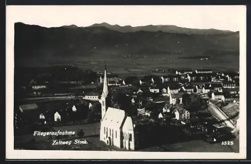AK Zeltweg /Stmk., Fliegeraufnahme der Kirche und Ort