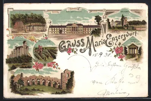 Lithographie Maria Enzersdorf, Ortspartien der Burg Lichtenstein, Amphietheater und Wällischhof