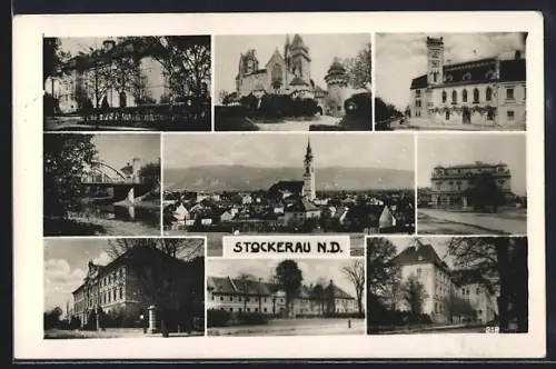 AK Stockerau /N. D., Partien der Ortschaft mit Schloss, Brücke und Gebäuden, Ortsansicht