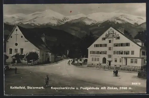 AK Knittelfeld /Stmk., Kapuzinerkirche und Postgebäude mit Zinken