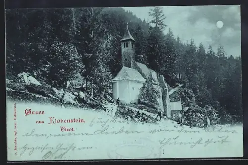 Mondschein-AK Kössen /Tirol, Kirche Maria Klobenstein am Waldrand