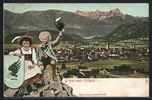 AK Villach, Gesamtansicht, Kinder in Tracht mit Wappen