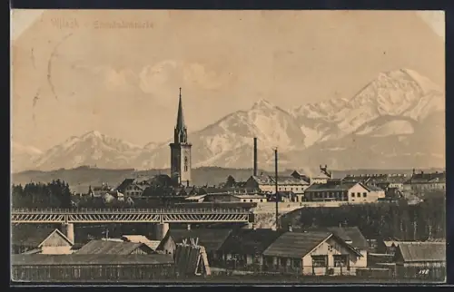AK Villach, Eisenbahnbrücke, Blick zur Kirche, Gipfelpanorama