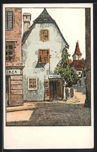 Künstler-AK Wels, Strassenpartie mit Geschäft