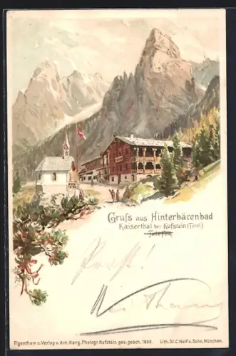 Lithographie Hinterbärenbad, Ortsansicht im Kaiserthal
