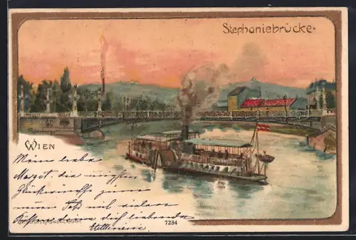 Lithographie Wien, Dampfer an der Stephaniebrücke