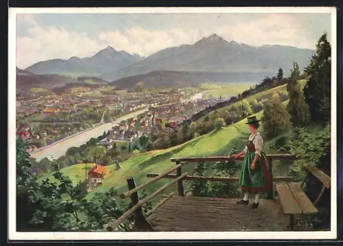 Künstler-AK Innsbruck, Teilansicht mit Serles Und Nockspitze