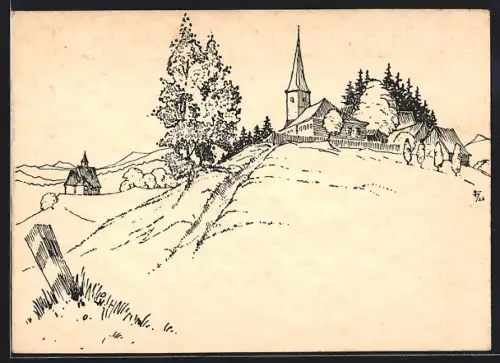 Künstler-AK Eibiswald, St. Lorenz ob Eibiswald, Blick hinaus zur Kirche