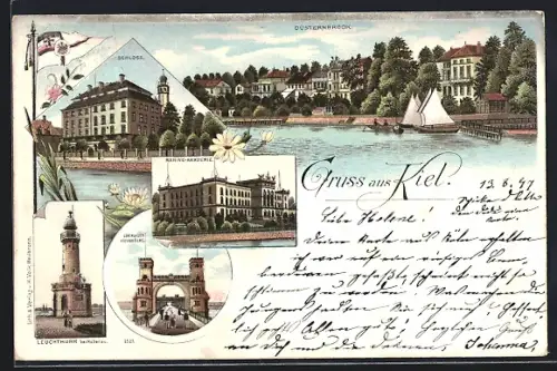 Lithographie Kiel, Schloss, Marineakademie, Leuchtturm, Segelboote, Reichskriegsflagge
