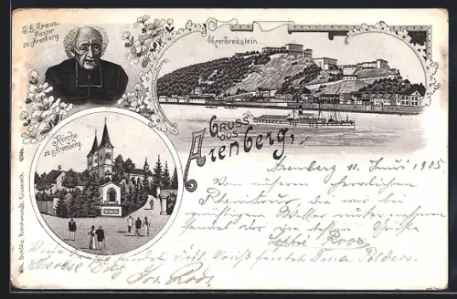 Lithographie Arenberg, Festung Ehrenbreitstein, Kirche, J. B. Kraus Pastor zu Arenberg