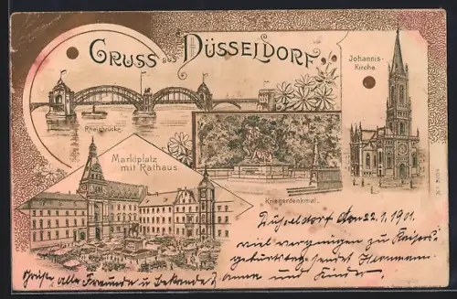 Lithographie Düsseldorf, Marktplatz mit Rathaus, Johannis-Kirche, Rheinbrücke