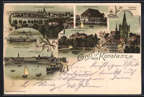 Lithographie Konstanz, Münster, Dampfer, Landungssteg