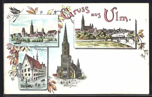 Lithographie Ulm / Donau, Rathaus, Münster, Teilansicht der Stadt