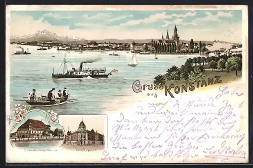 Lithographie Konstanz, Gesamtansicht mit Dampfer, Consiliumgebäude, Reichspost
