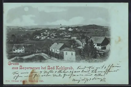 Mondschein-AK Bayersoien bei Bad Kohlgrub, Teilansicht mit Kirche