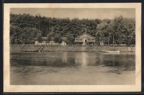 AK Berlin-Wannsee, Restaurant Ruderheim, Kohlhasenbrück, Inhaber F. Steinke, Ansicht vom Wasser aus