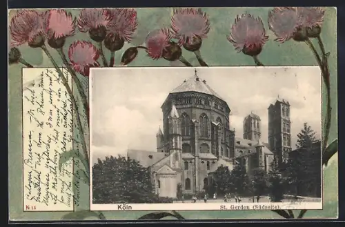 Passepartout-Lithographie Köln, St. Gereon (Südseite), Blumen