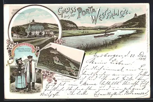 Lithographie Porta Westfalica, Hotel Kaiserhof, Westfälisches Bauernpaar, Wittekindsberg mit Kaiser Wilhelm Denkmal