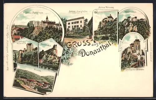 Lithographie Inzigkofen, Schloss Sigmaringen, Schloss Inzighofen, Schloss Werwaag, Wildenstein