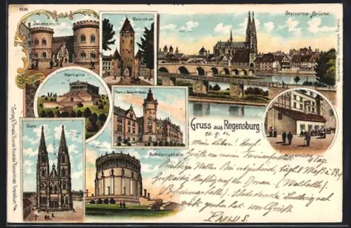 Lithographie Regensburg, Worstküche, Dom, Befreiungshalle, Walhalla, Jakobsthor