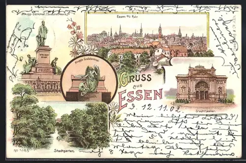 Lithographie Essen, Krupp-Denkmal, Stadtgarten, Stadttheater