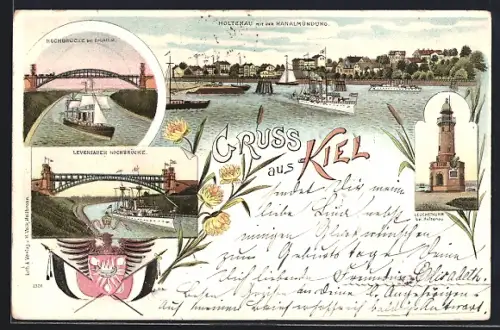 Lithographie Kiel, Holtenau mit Kanalmündung, Leuchtturm, Hochbrücke bei Grüntal