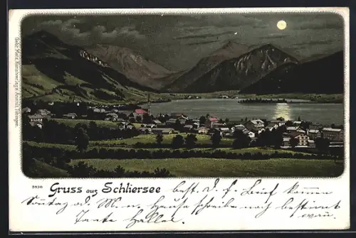 Lithographie Schliersee, Ortsansicht mit See und Gebirge bei Vollmond