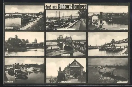 AK Homberg / Rhein, Schifferkinderheim, Hafenpartie und Rheinbrücke, Laar