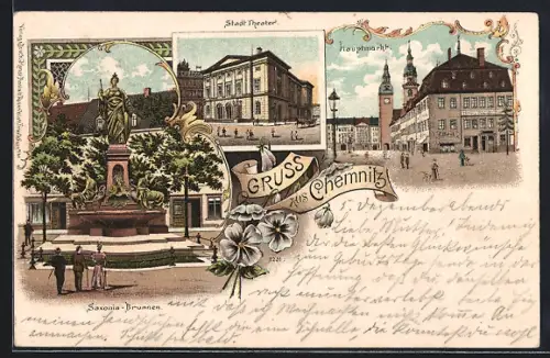 Lithographie Chemnitz, Stadt-Theater, Hauptmarkt, Saxonia-Brunnen