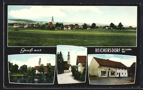 AK Reichersdorf / Isar, Bäckerei W. Obermaier, Kirche, Panorama